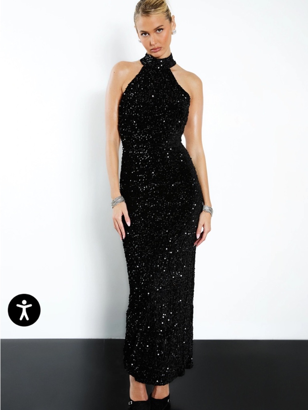 Velvet Halter Neck Sequin Maxi Dress - Black